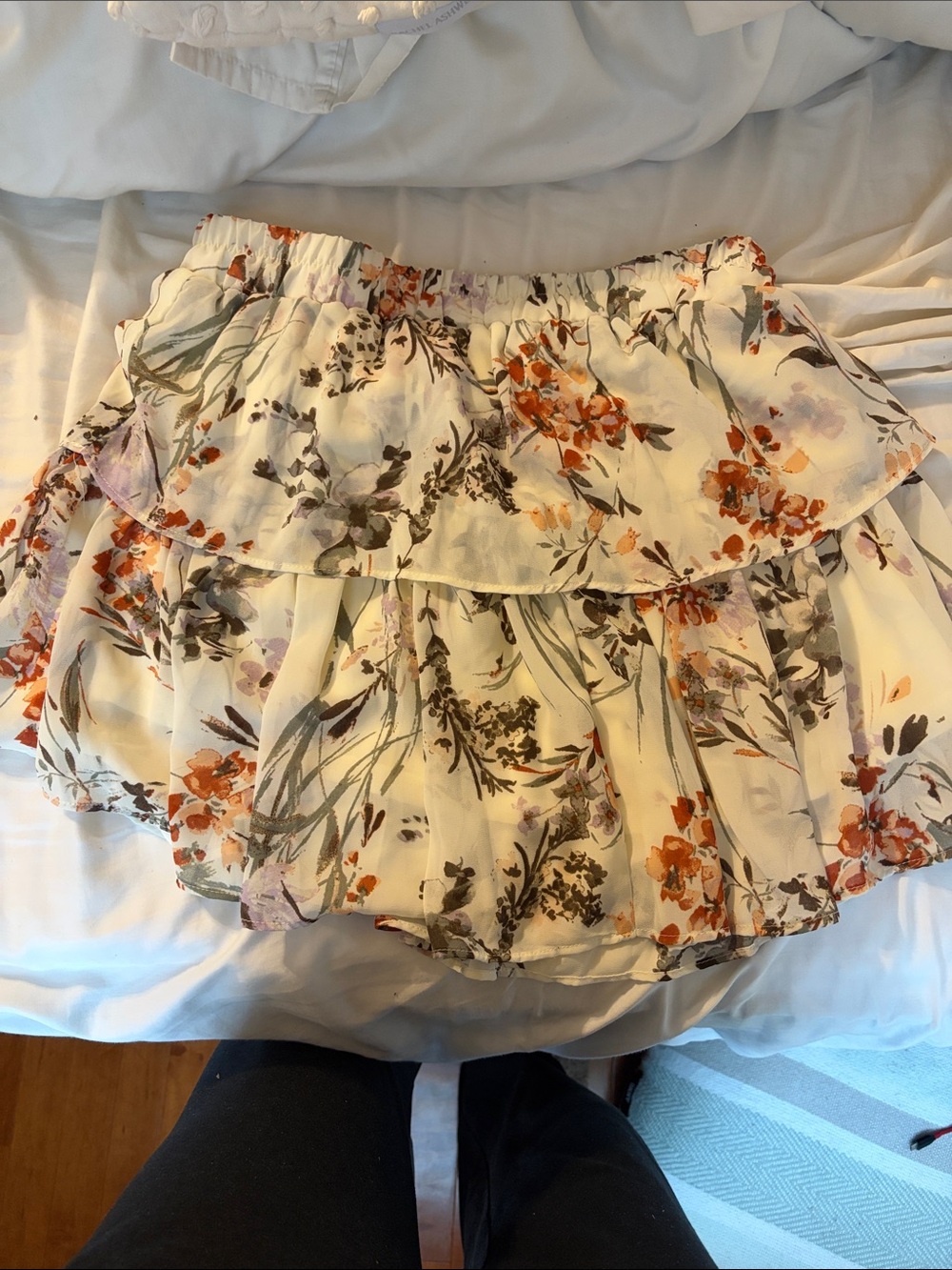 DREW White Floral Tiered Skater Skirt with Orange & Green Print